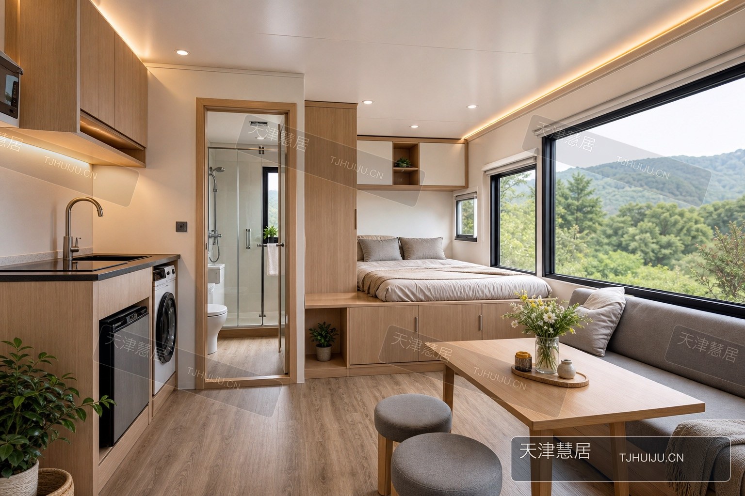 装配式小屋内部办公与生活空间配置